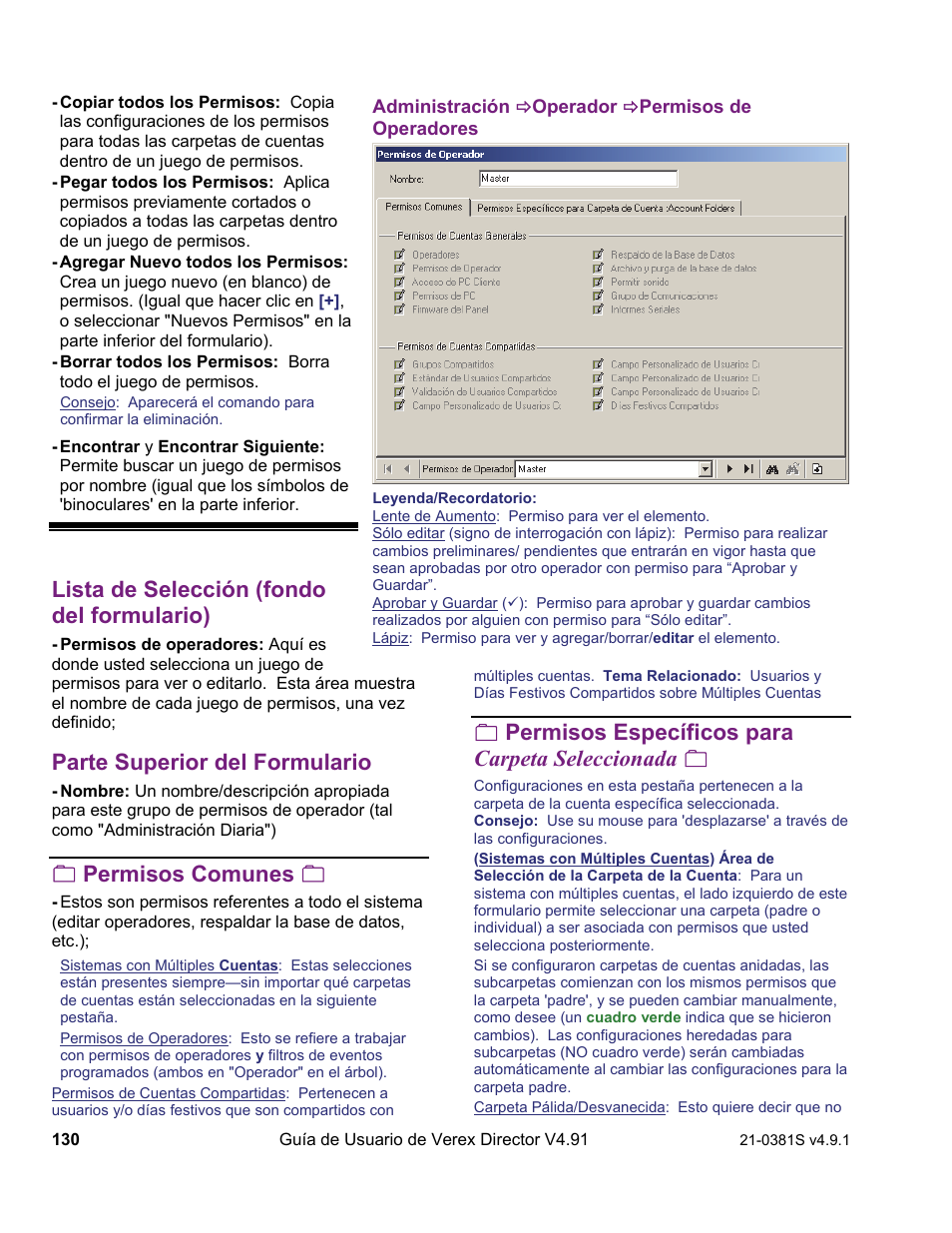 Lista de selección (fondo del formulario), Parte superior del formulario, Permisos comunes | Permisos específicos para carpeta seleccionada | Interlogix VEREX Director User Manual | Page 140 / 378