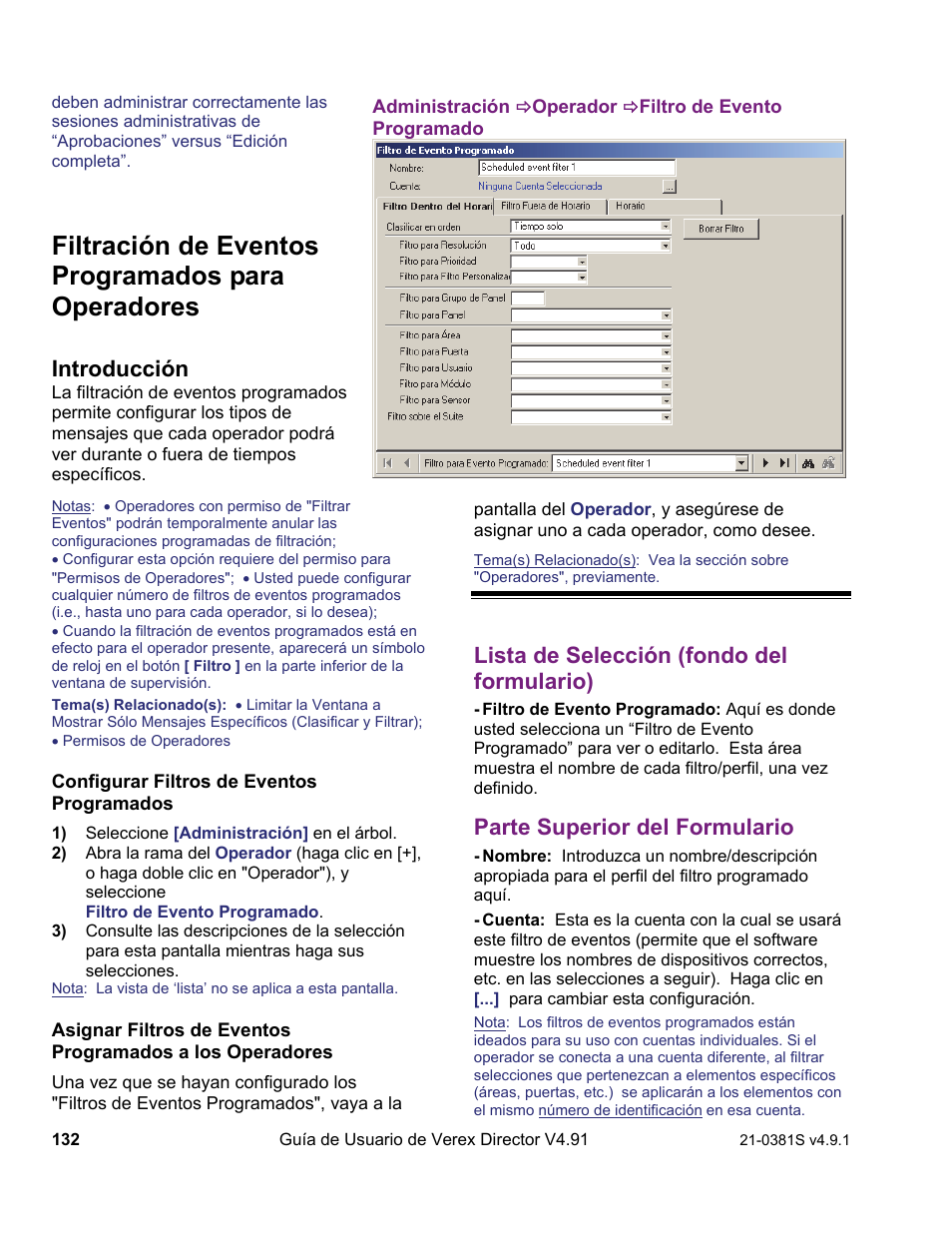 Filtración de eventos programados para operadores, Introducción, Lista de selección (fondo del formulario) | Parte superior del formulario | Interlogix VEREX Director User Manual | Page 142 / 378