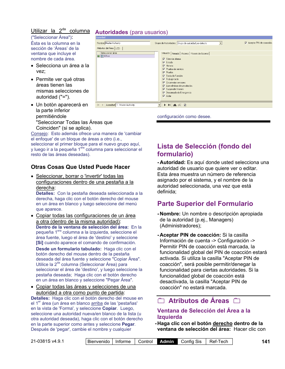 Lista de selección (fondo del formulario), Parte superior del formulario, Atributos de áreas | Interlogix VEREX Director User Manual | Page 151 / 378