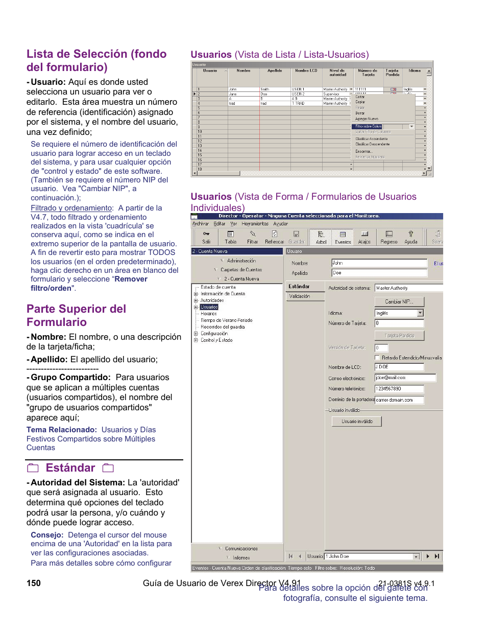 Lista de selección (fondo del formulario), Parte superior del formulario, Estándar | Interlogix VEREX Director User Manual | Page 160 / 378