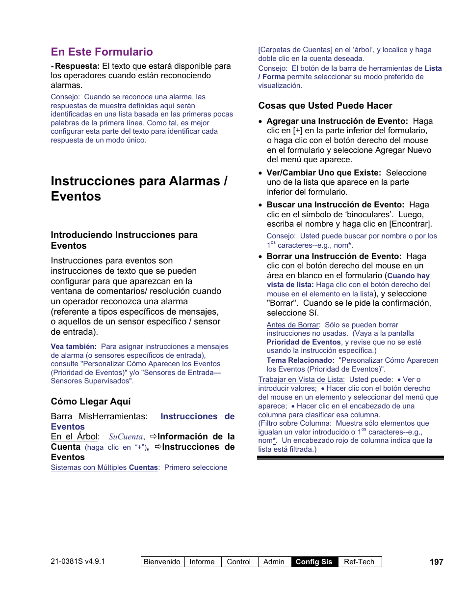 Instrucciones para alarmas / eventos, En este formulario | Interlogix VEREX Director User Manual | Page 207 / 378