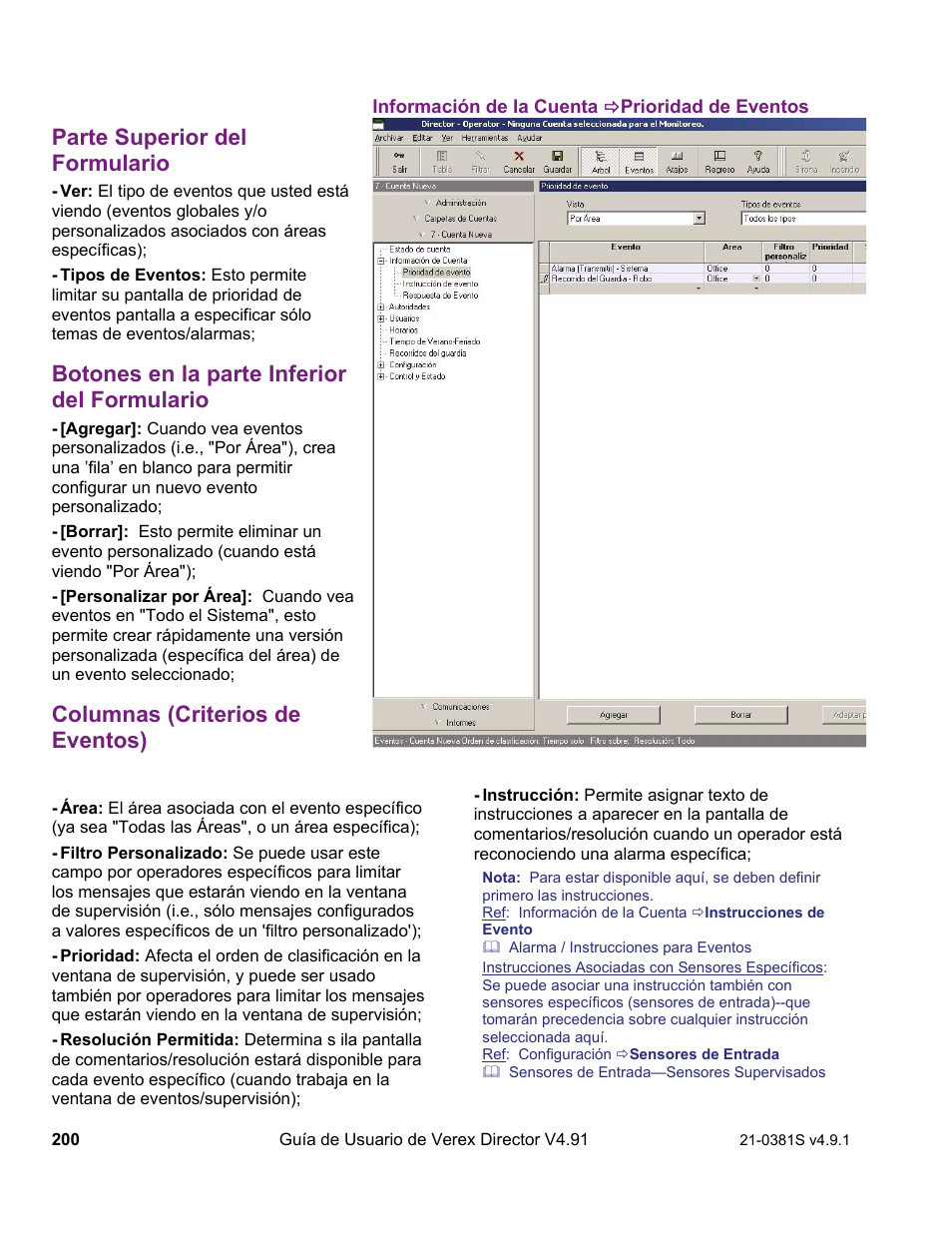 Parte superior del formulario, Botones en la parte inferior del formulario, Columnas (criterios de eventos) | Interlogix VEREX Director User Manual | Page 210 / 378