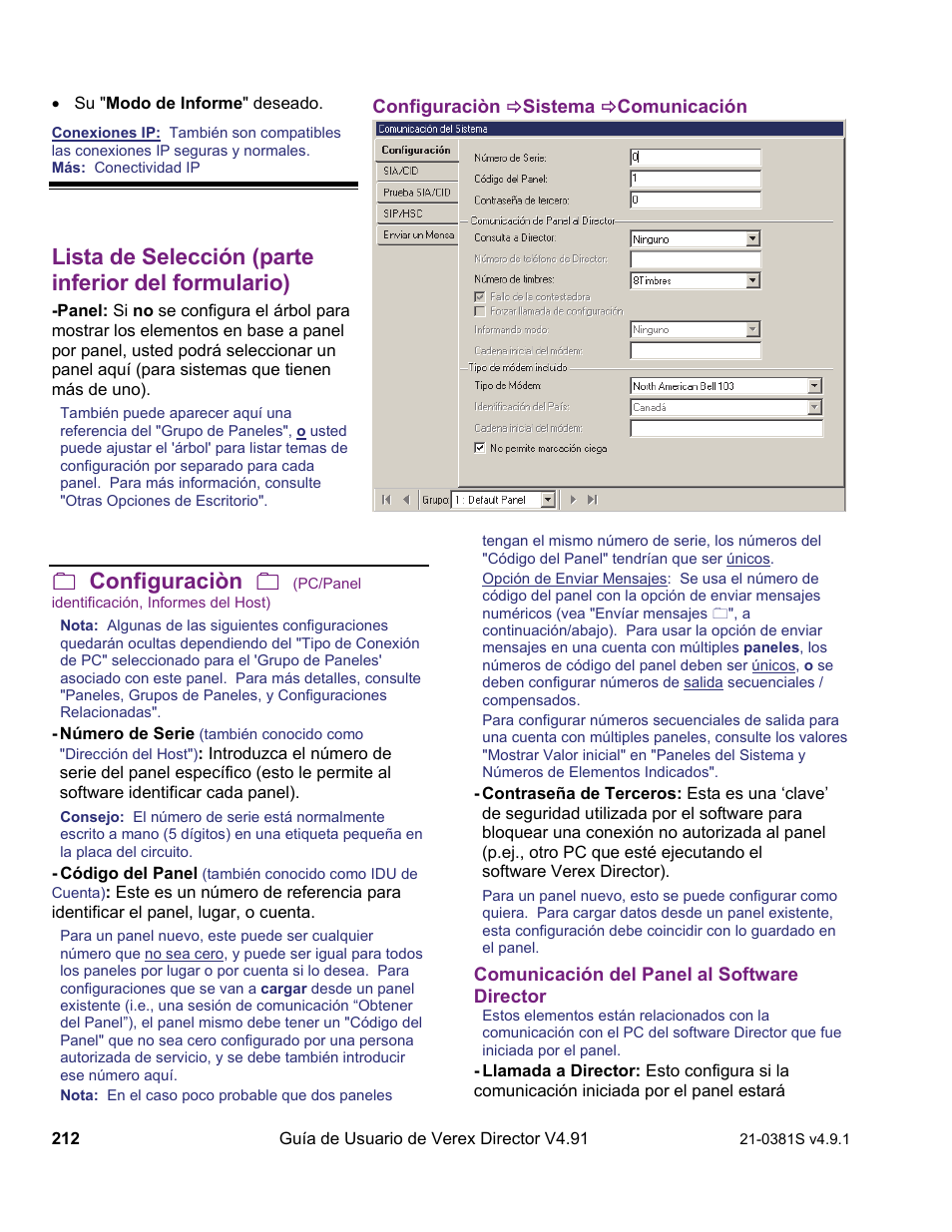 Lista de selección (parte inferior del formulario), Configuraciòn | Interlogix VEREX Director User Manual | Page 222 / 378