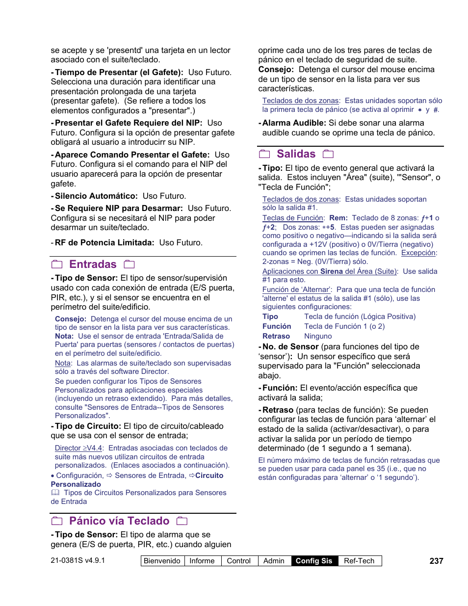 Entradas, Pánico vía teclado, Salidas | Interlogix VEREX Director User Manual | Page 247 / 378