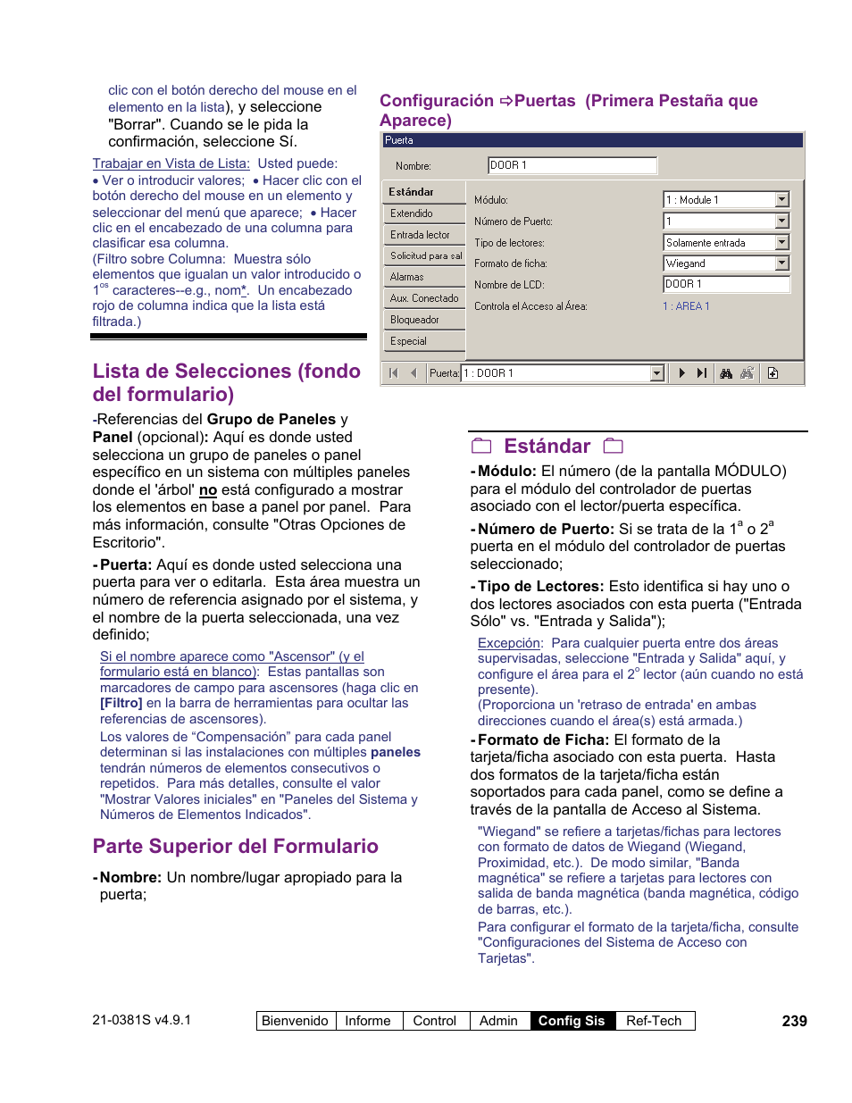Lista de selecciones (fondo del formulario), Parte superior del formulario, Estándar | Interlogix VEREX Director User Manual | Page 249 / 378