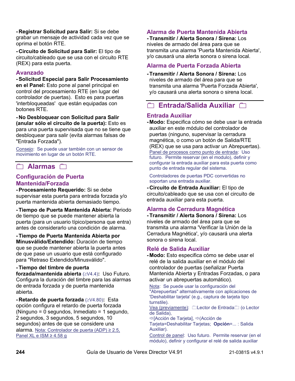 Alarmas, Entrada/salida auxiliar | Interlogix VEREX Director User Manual | Page 254 / 378