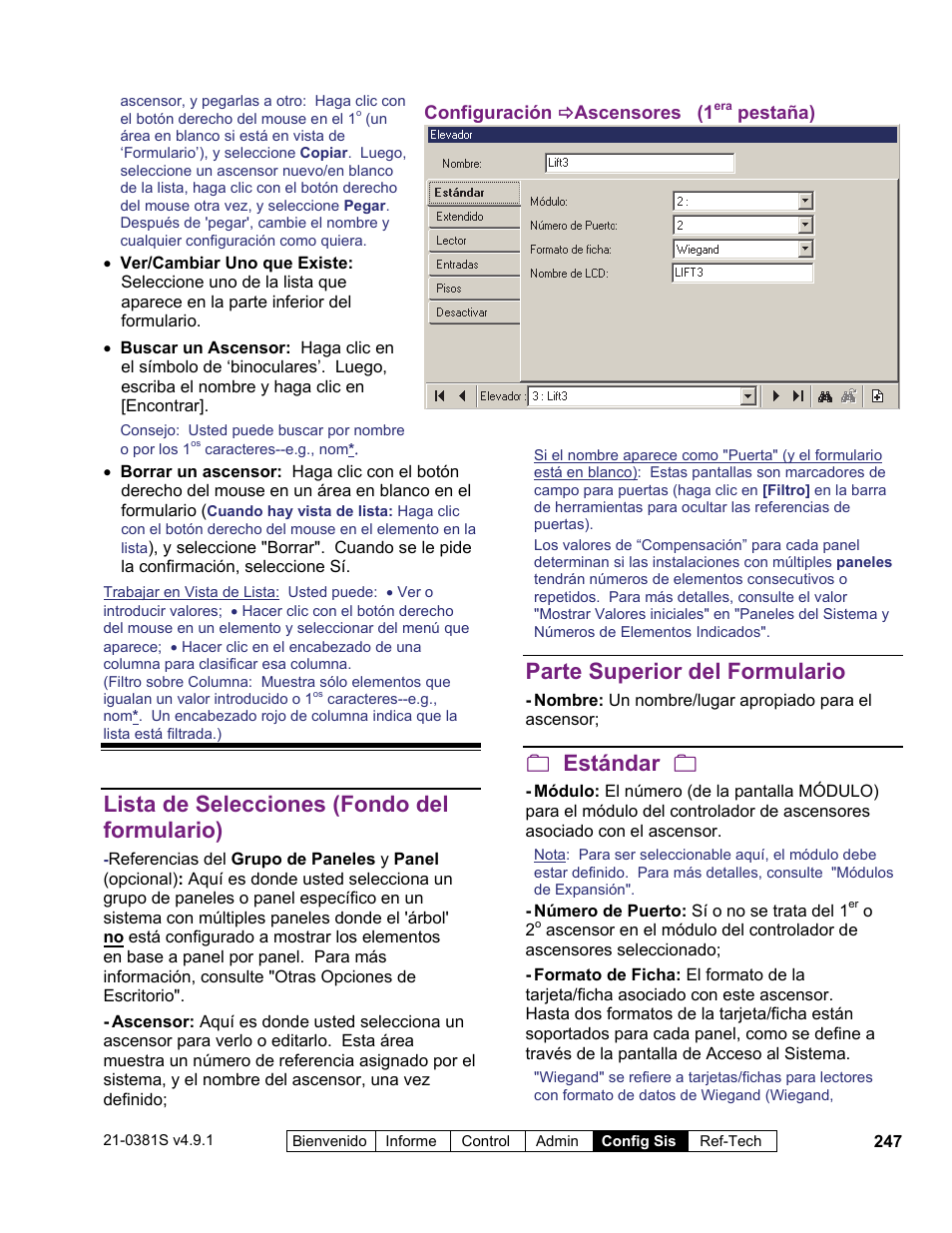 Lista de selecciones (fondo del formulario), Parte superior del formulario, Estándar | Interlogix VEREX Director User Manual | Page 257 / 378