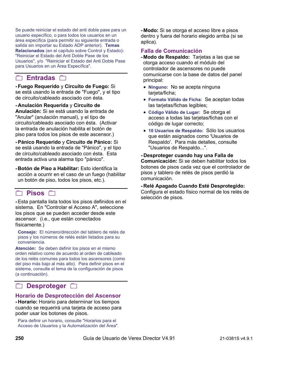 Entradas, Pisos, Desproteger | Interlogix VEREX Director User Manual | Page 260 / 378