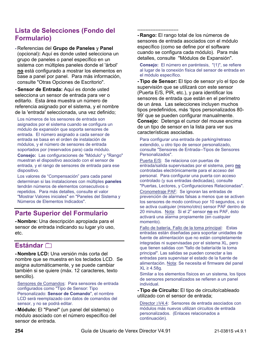 Lista de selecciones (fondo del formulario), Parte superior del formulario, Estándar | Interlogix VEREX Director User Manual | Page 264 / 378