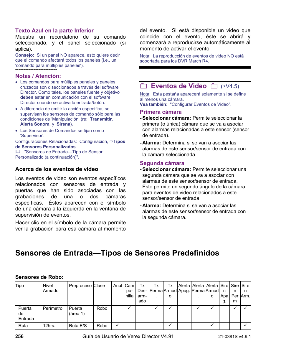 Sensores de entrada—tipos de sensores predefinidos, Eventos de video | Interlogix VEREX Director User Manual | Page 266 / 378