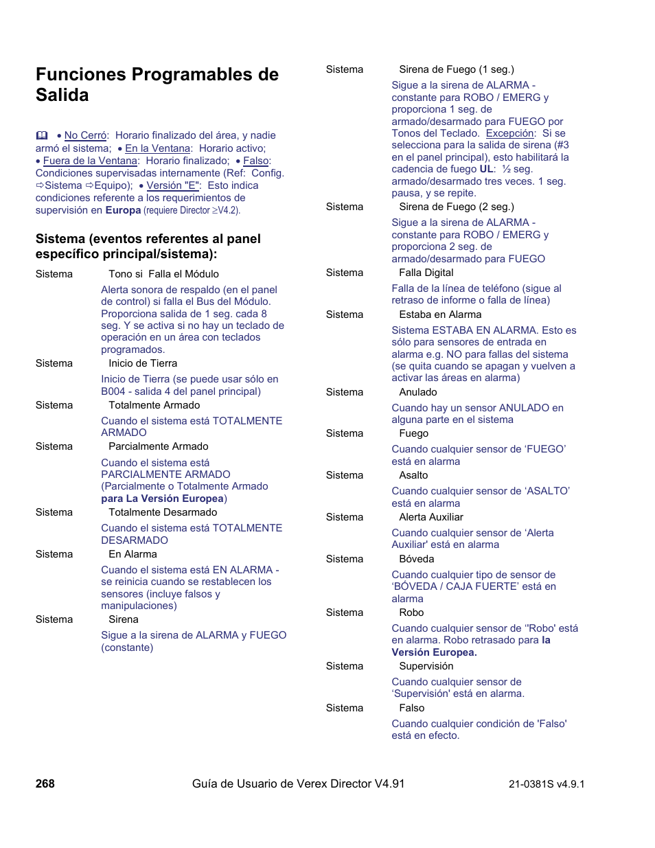 Funciones programables de salida | Interlogix VEREX Director User Manual | Page 278 / 378
