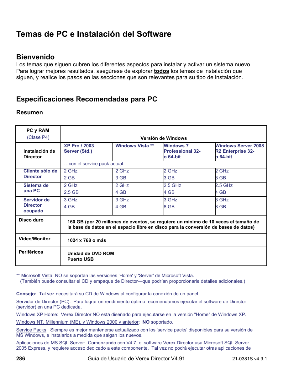 Temas de pc e instalación del software, Bienvenido, Especificaciones recomendadas para pc | Interlogix VEREX Director User Manual | Page 296 / 378