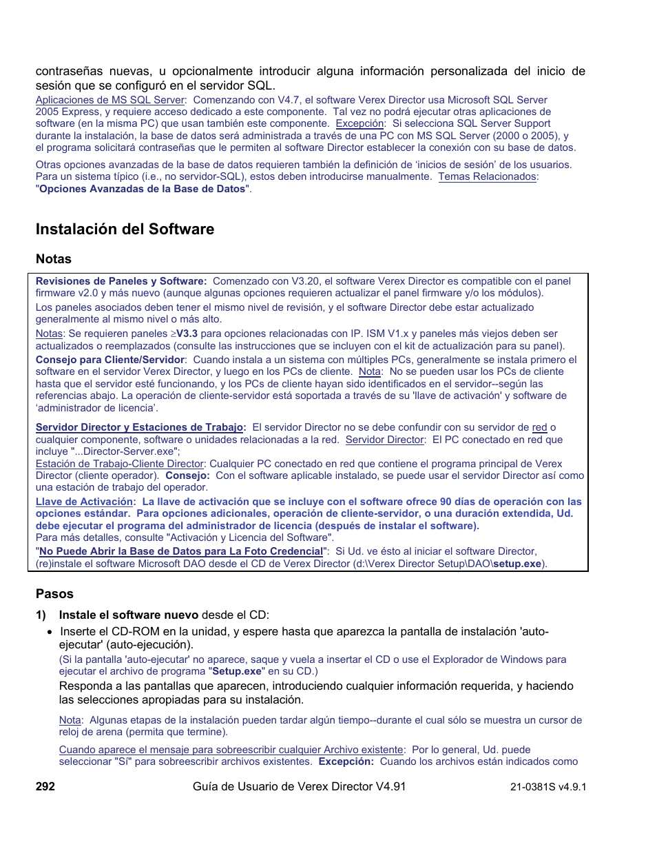 Instalación del software | Interlogix VEREX Director User Manual | Page 302 / 378