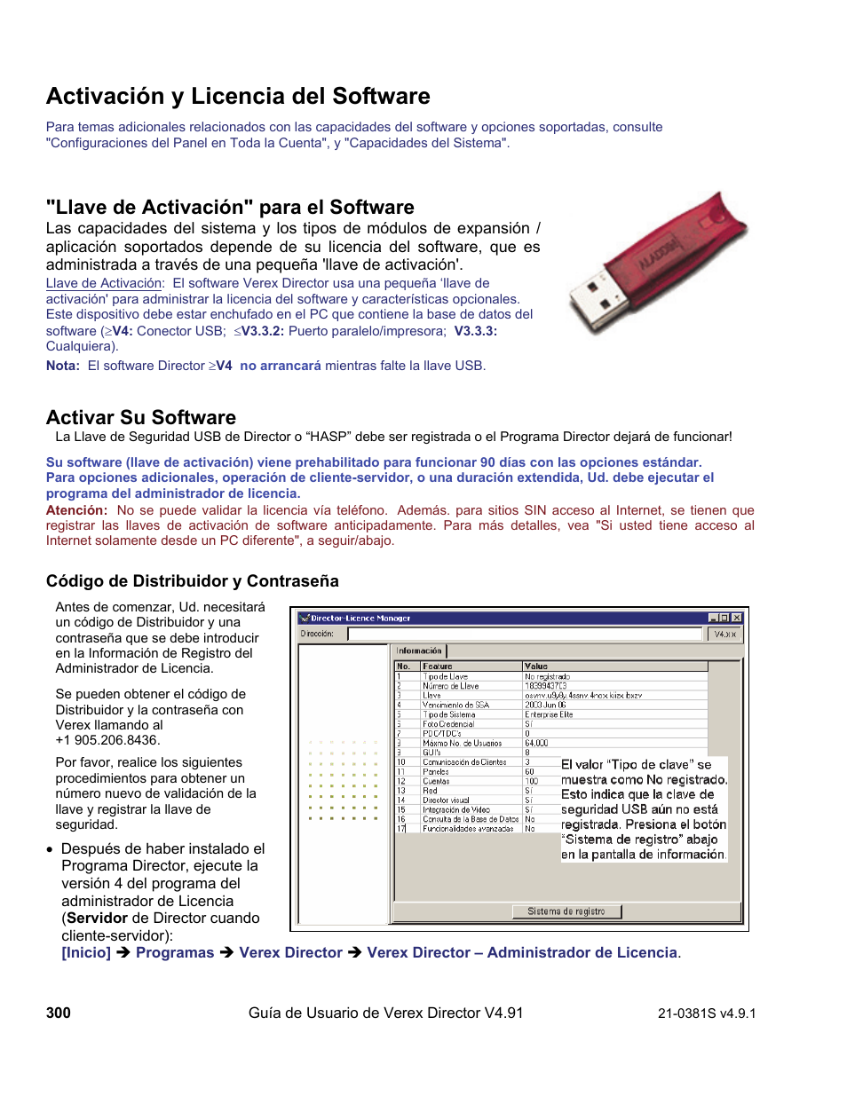 Activación y licencia del software, Llave de activación" para el software, Activar su software | Interlogix VEREX Director User Manual | Page 310 / 378