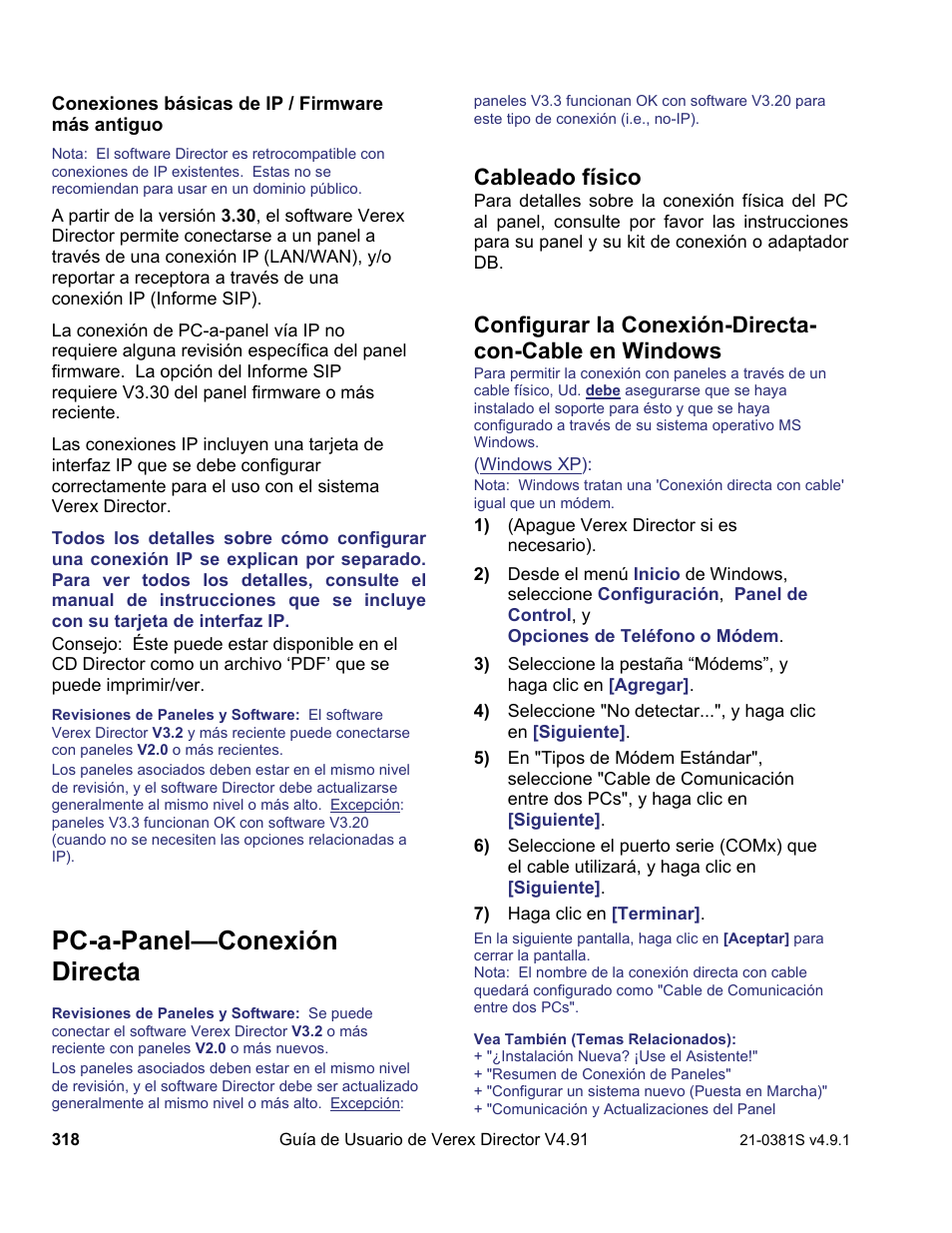 Pc-a-panel—conexión directa, Cableado físico | Interlogix VEREX Director User Manual | Page 328 / 378