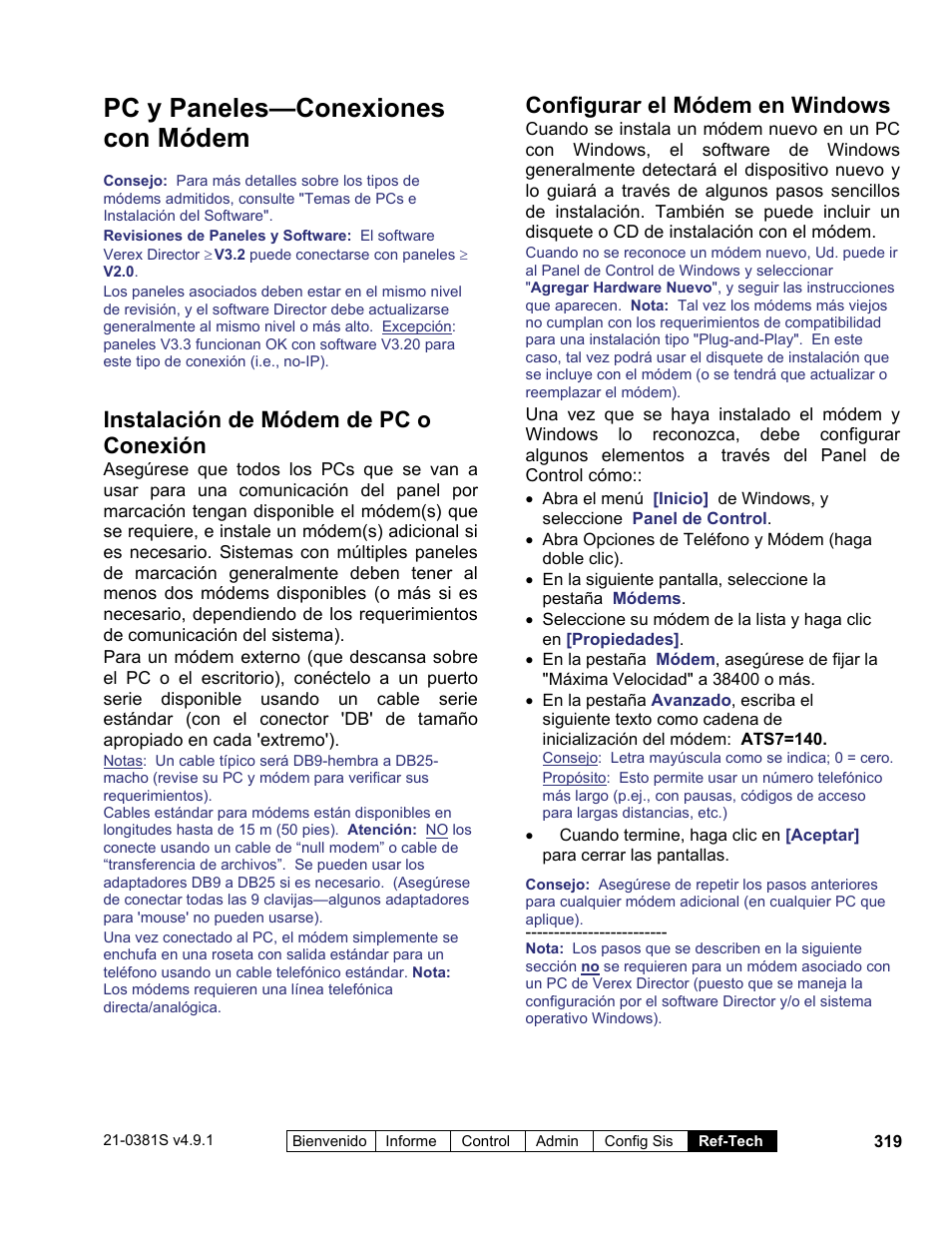 Pc y paneles—conexiones con módem, Instalación de módem de pc o conexión, Configurar el módem en windows | Interlogix VEREX Director User Manual | Page 329 / 378