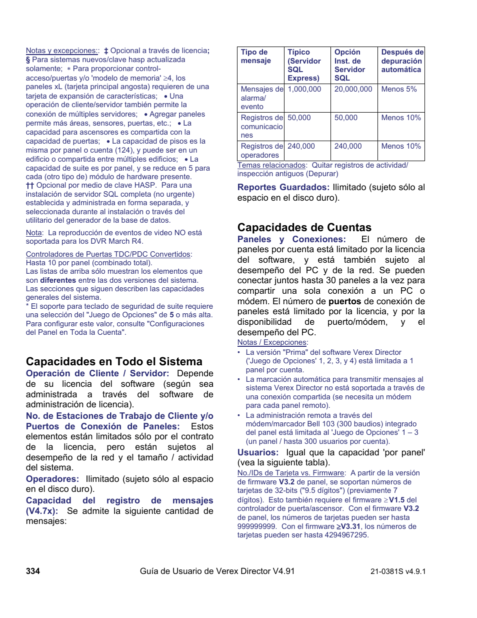 Capacidades en todo el sistema, Capacidades de cuentas | Interlogix VEREX Director User Manual | Page 344 / 378