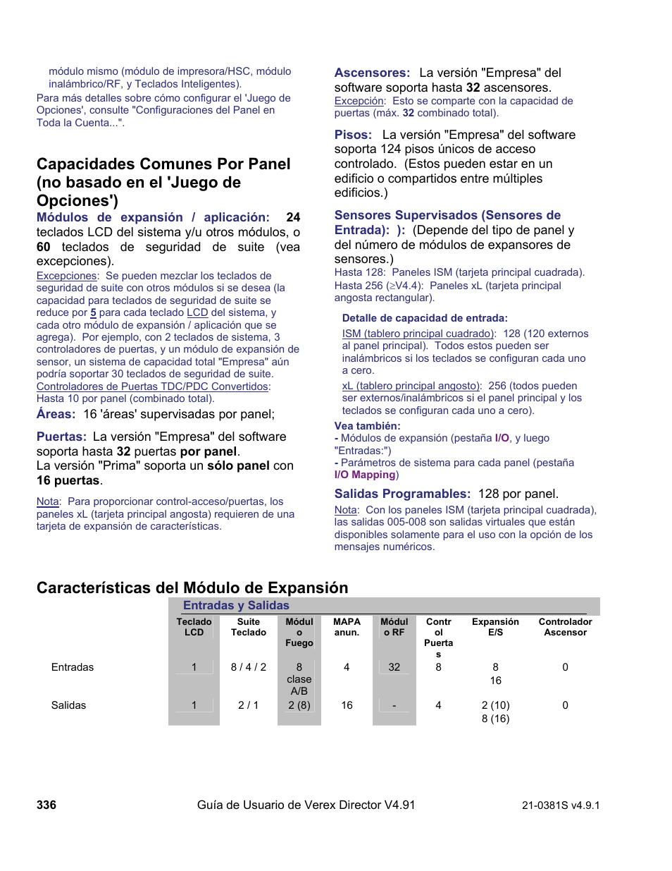 Características del módulo de expansión | Interlogix VEREX Director User Manual | Page 346 / 378