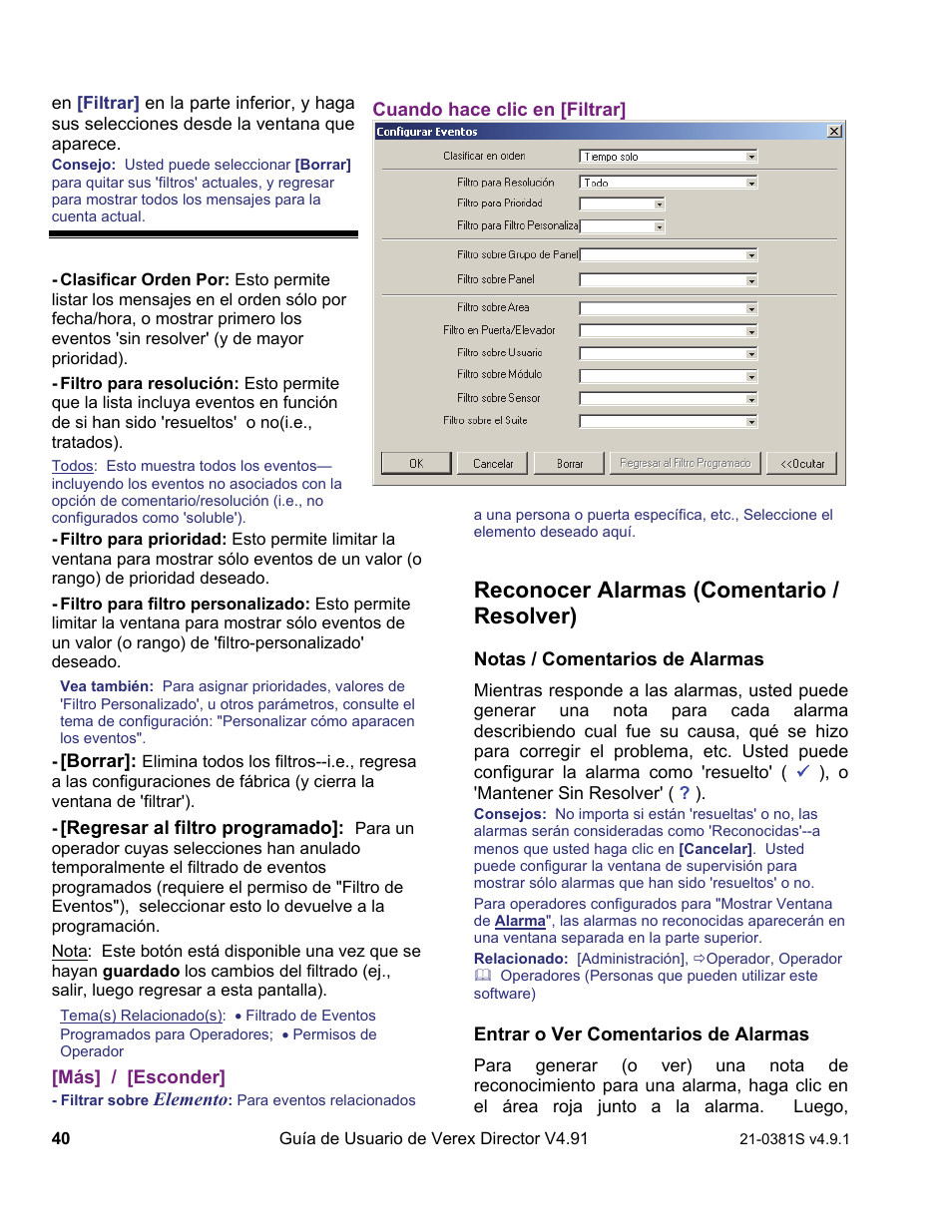 Reconocer alarmas (comentario / resolver) | Interlogix VEREX Director User Manual | Page 50 / 378