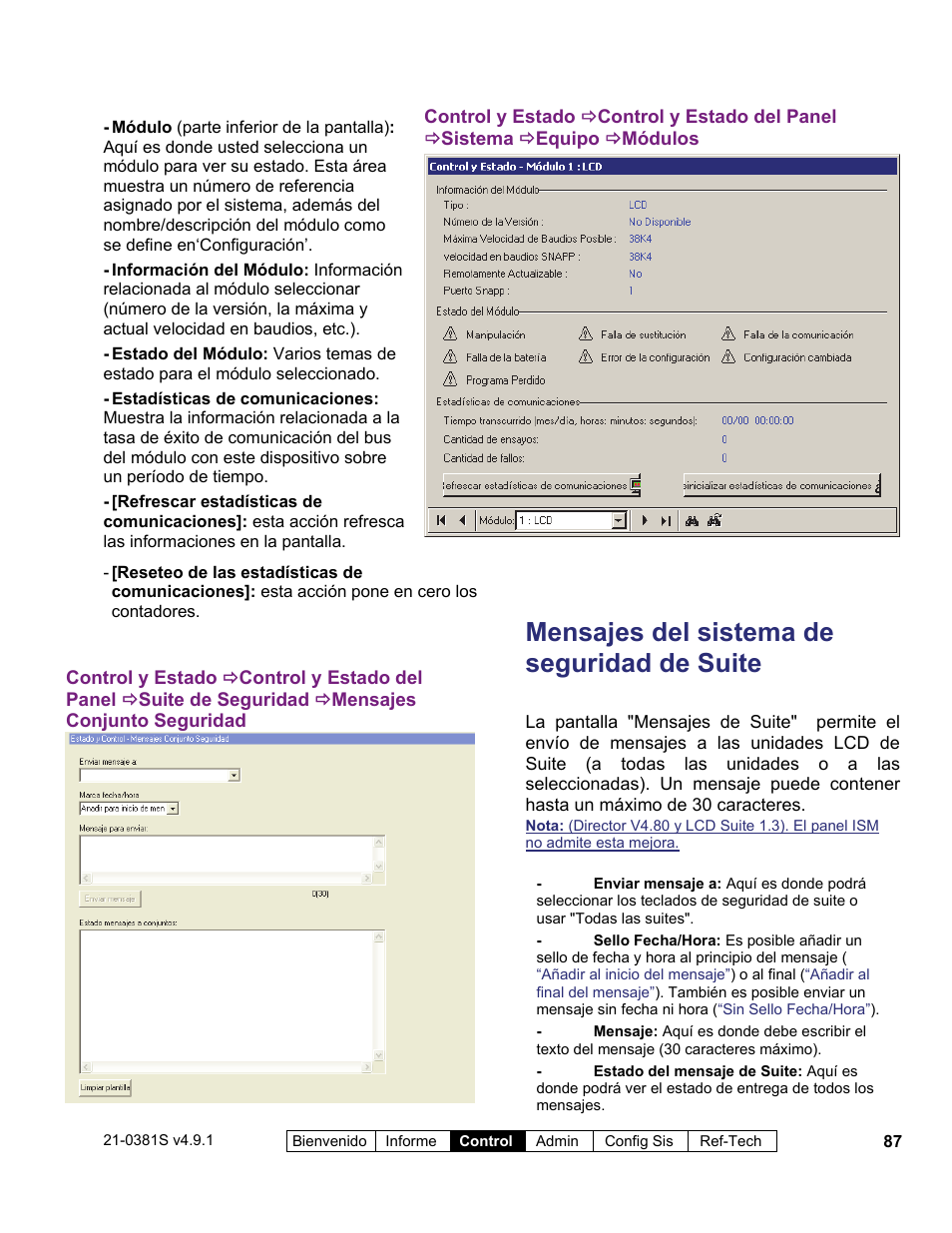 Mensajes del sistema de seguridad de suite | Interlogix VEREX Director User Manual | Page 97 / 378