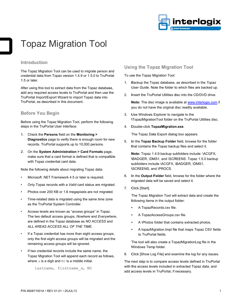 Interlogix Topaz to TruPortal Data Migration Tool User Manual | 2 pages