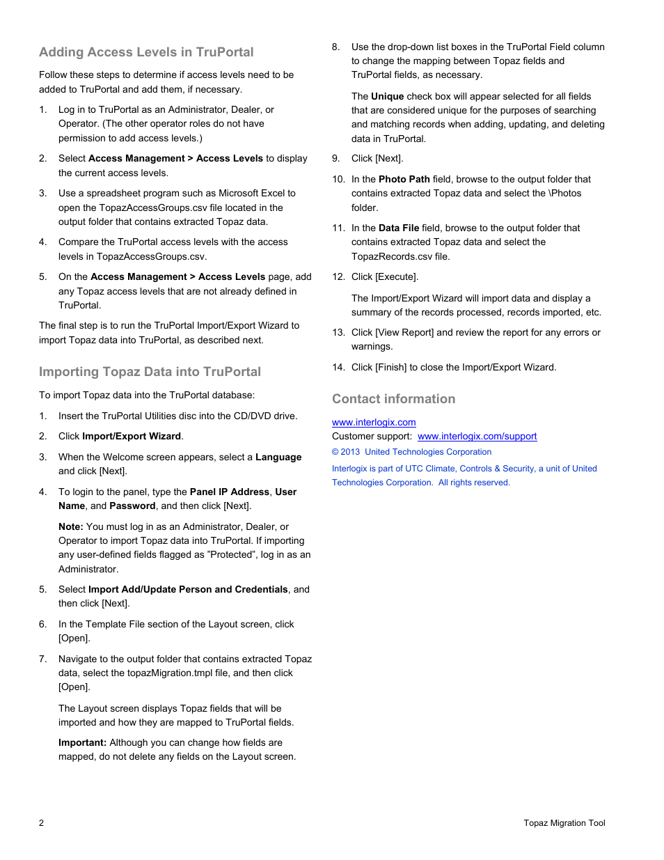 Adding access levels in truportal, Importing topaz data into truportal, Contact information | Interlogix Topaz to TruPortal Data Migration Tool User Manual | Page 2 / 2