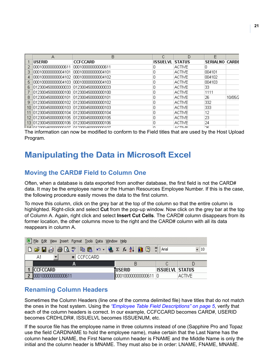 Manipulating the data in microsoft excel, Moving the card# field to column one, Renaming column headers | Interlogix Topaz Reference Manual User Manual | Page 25 / 30