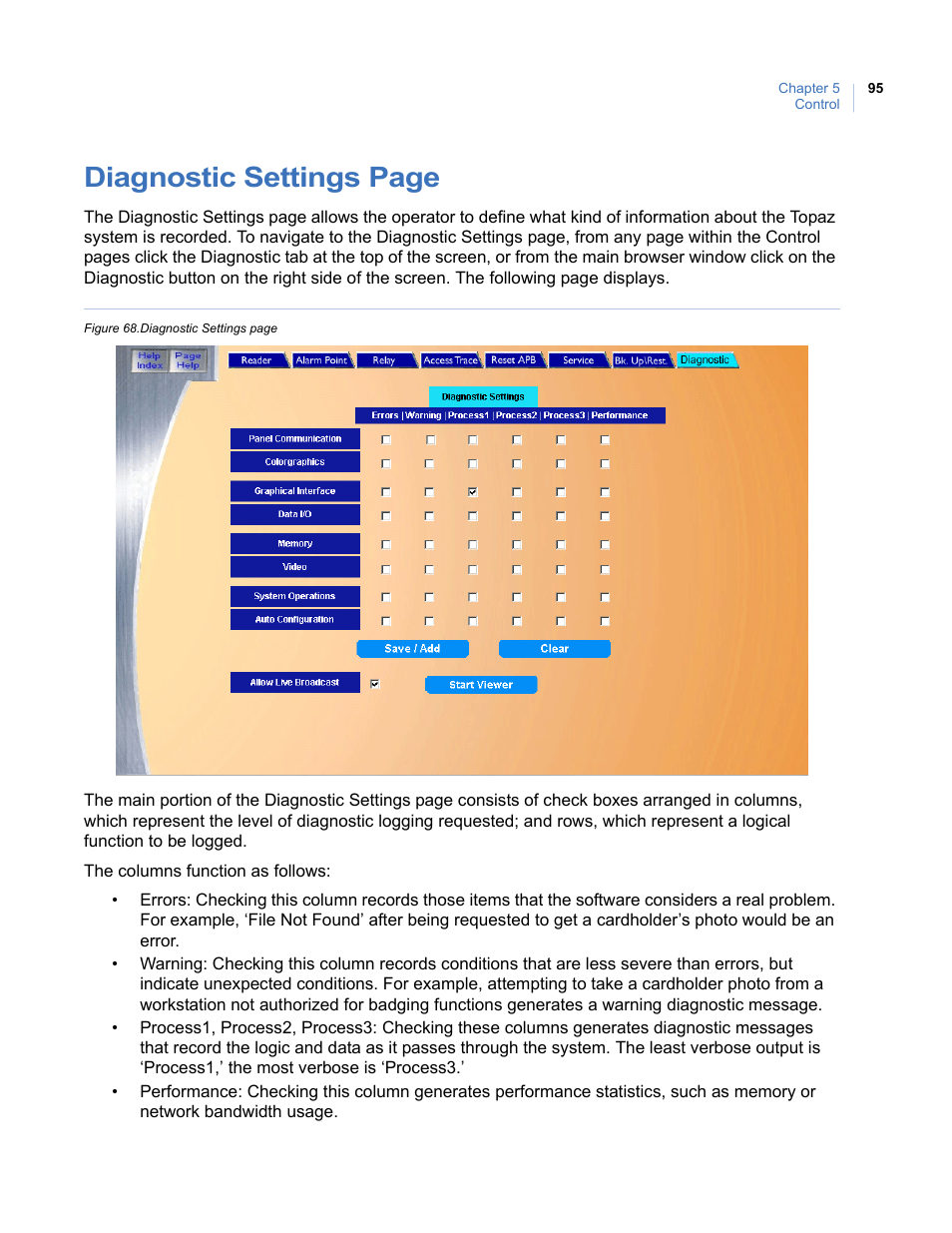 Diagnostic settings page | Interlogix Topaz User Manual User Manual | Page 113 / 420