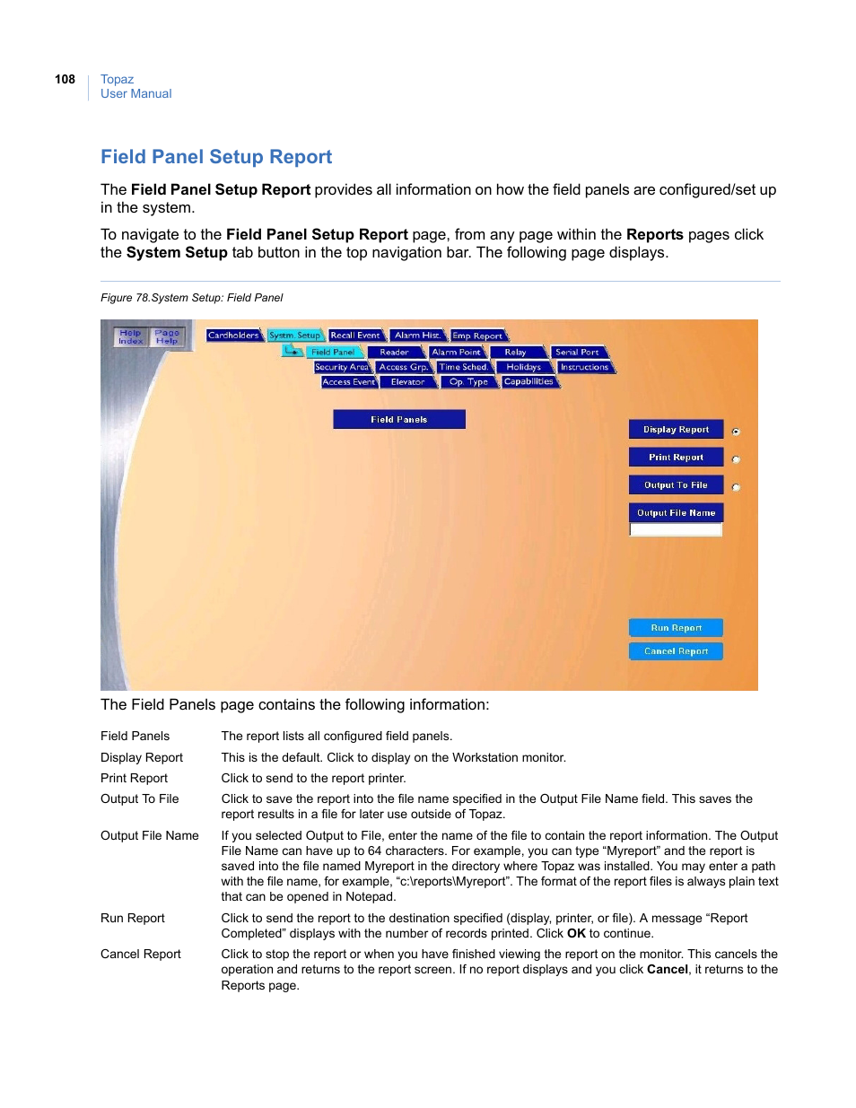 Field panel setup report, Figure 78. system setup: field panel | Interlogix Topaz User Manual User Manual | Page 126 / 420