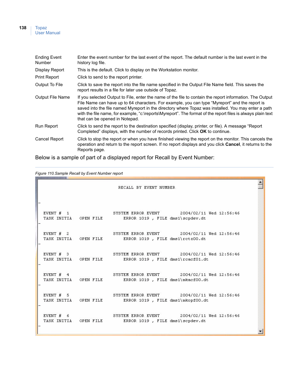 Figure 110.sample recall by event number report | Interlogix Topaz User Manual User Manual | Page 156 / 420