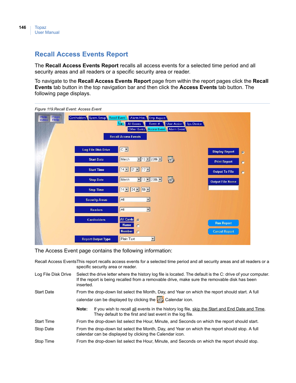 Recall access events report, Figure 119.recall event: access event | Interlogix Topaz User Manual User Manual | Page 164 / 420