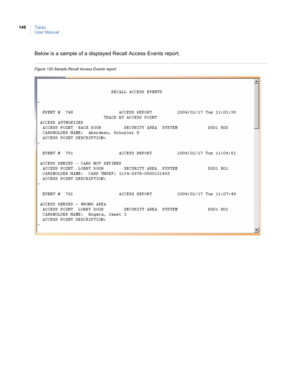 Figure 120.sample recall access events report | Interlogix Topaz User Manual User Manual | Page 166 / 420