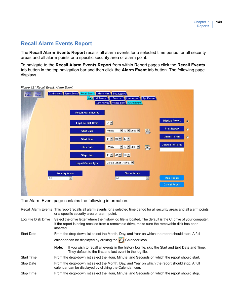 Recall alarm events report, Figure 121.recall event: alarm event | Interlogix Topaz User Manual User Manual | Page 167 / 420