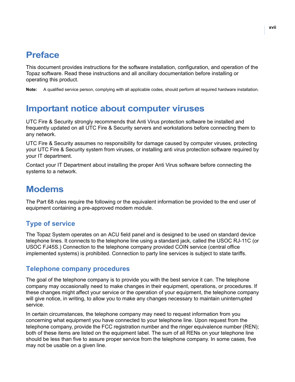 Preface, Important notice about computer viruses, Modems | Type of service, Telephone company procedures | Interlogix Topaz User Manual User Manual | Page 17 / 420