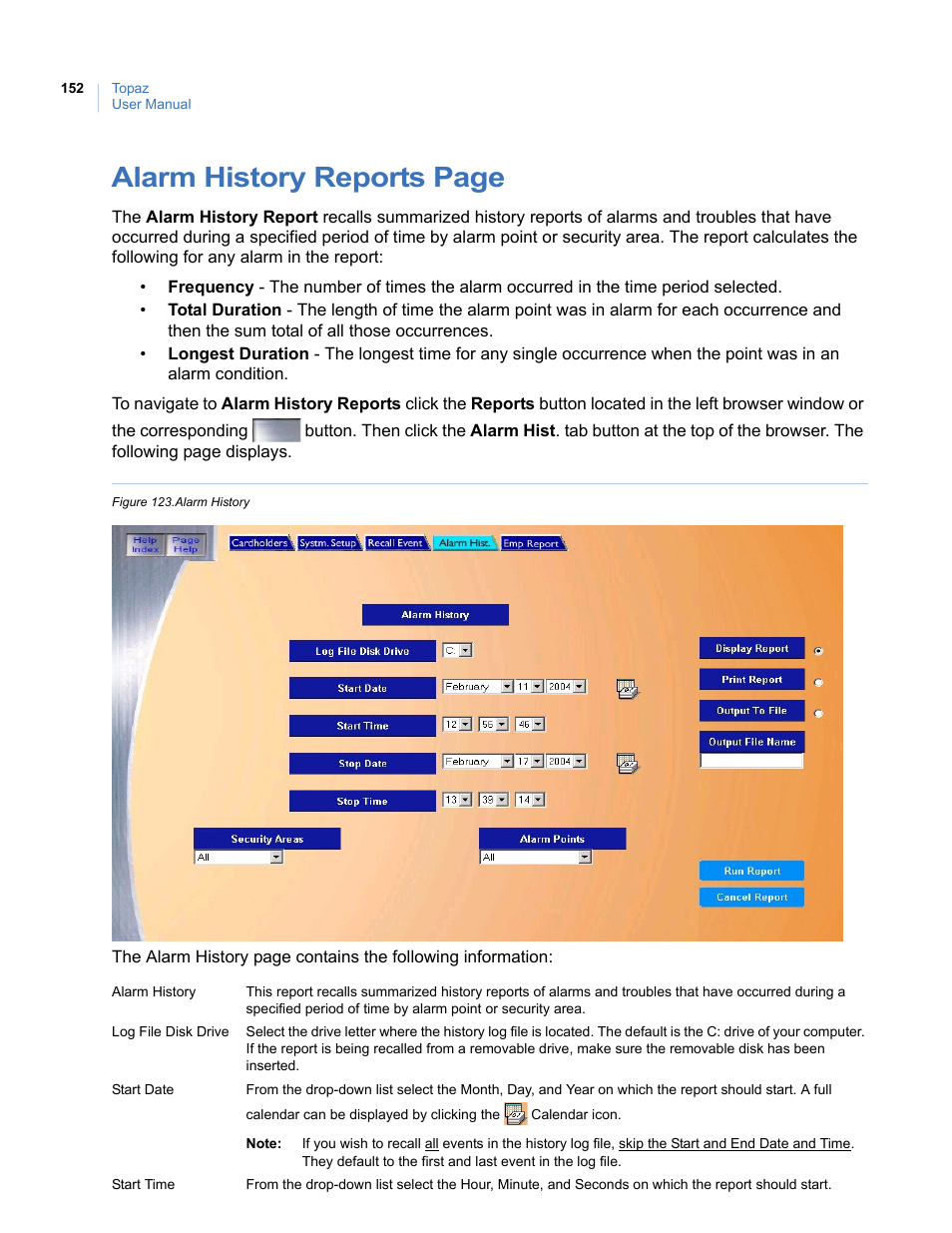 Figure 123.alarm history, Alarm history reports page | Interlogix Topaz User Manual User Manual | Page 170 / 420