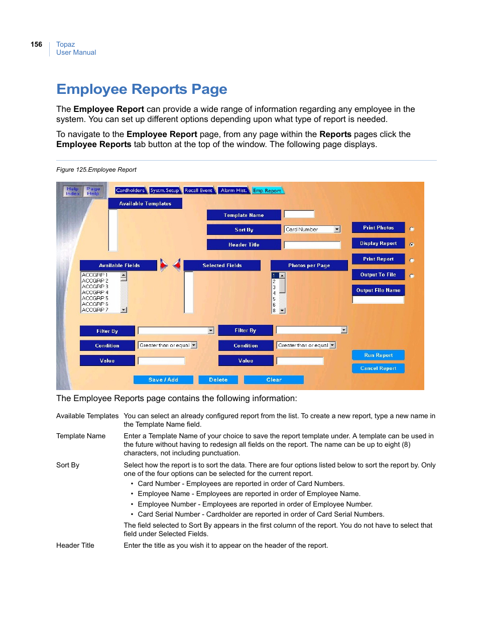 Figure 125.employee report, Employee reports page | Interlogix Topaz User Manual User Manual | Page 174 / 420