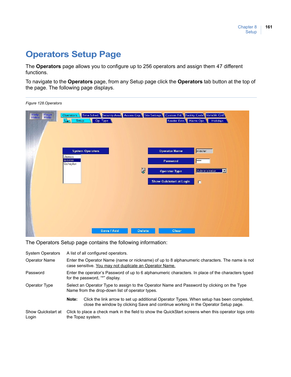 Figure 128.operators, Operators setup page | Interlogix Topaz User Manual User Manual | Page 179 / 420