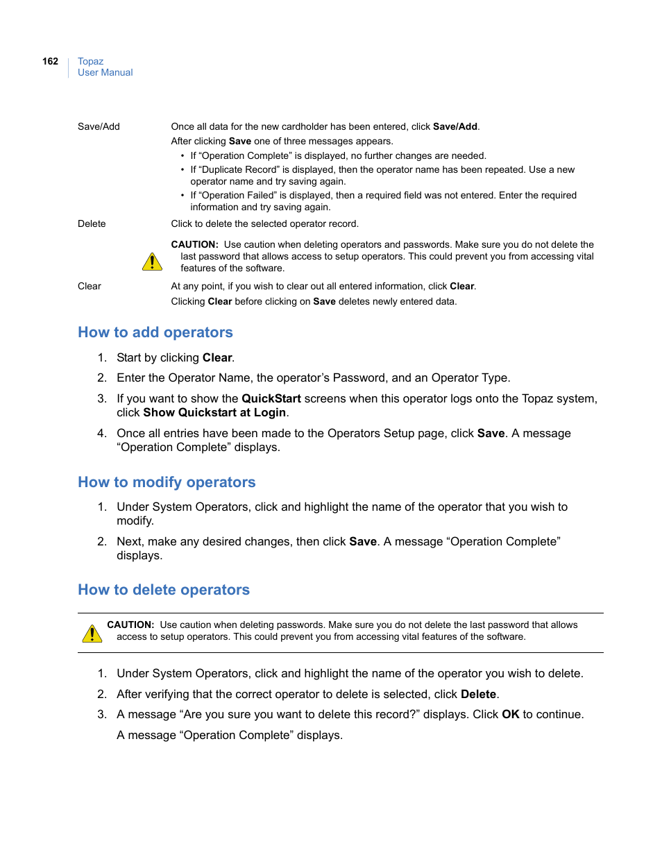 How to add operators, How to modify operators, How to delete operators | Interlogix Topaz User Manual User Manual | Page 180 / 420