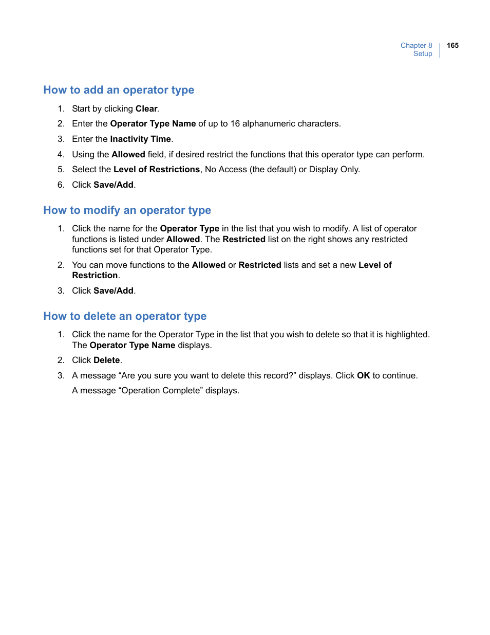 How to add an operator type, How to modify an operator type, How to delete an operator type | Interlogix Topaz User Manual User Manual | Page 183 / 420
