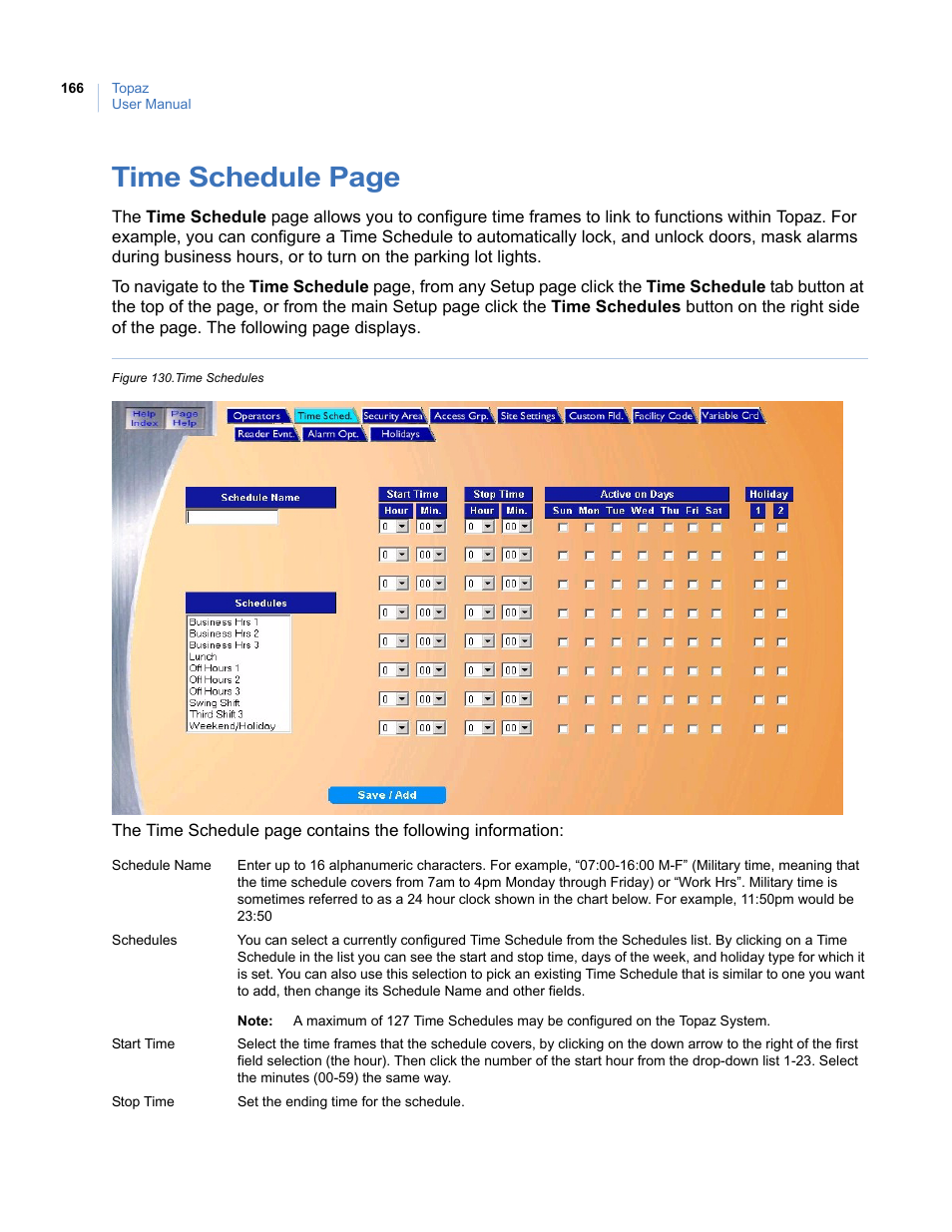 Figure 130.time schedules, Time schedule page | Interlogix Topaz User Manual User Manual | Page 184 / 420