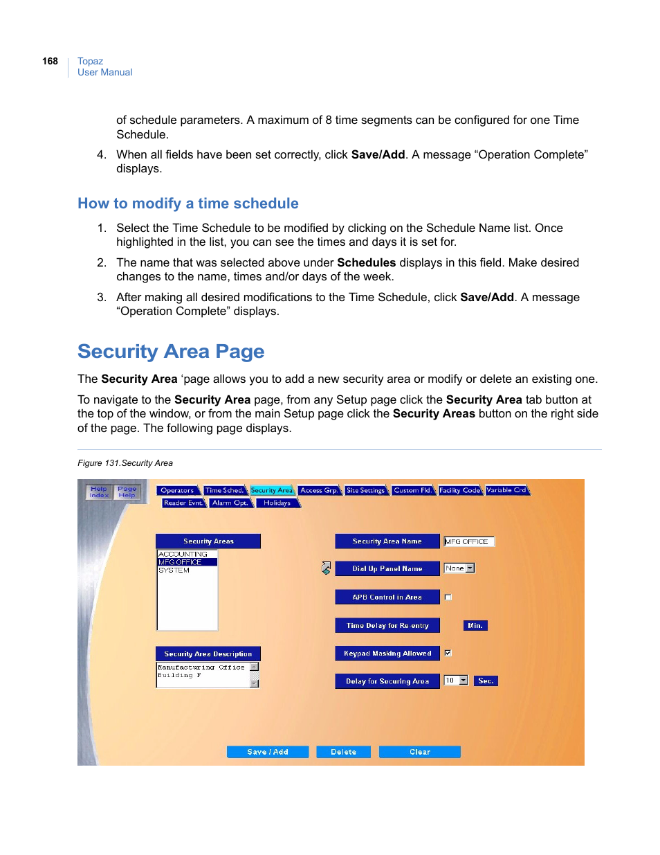 How to modify a time schedule, Figure 131.security area, Security area page | Interlogix Topaz User Manual User Manual | Page 186 / 420