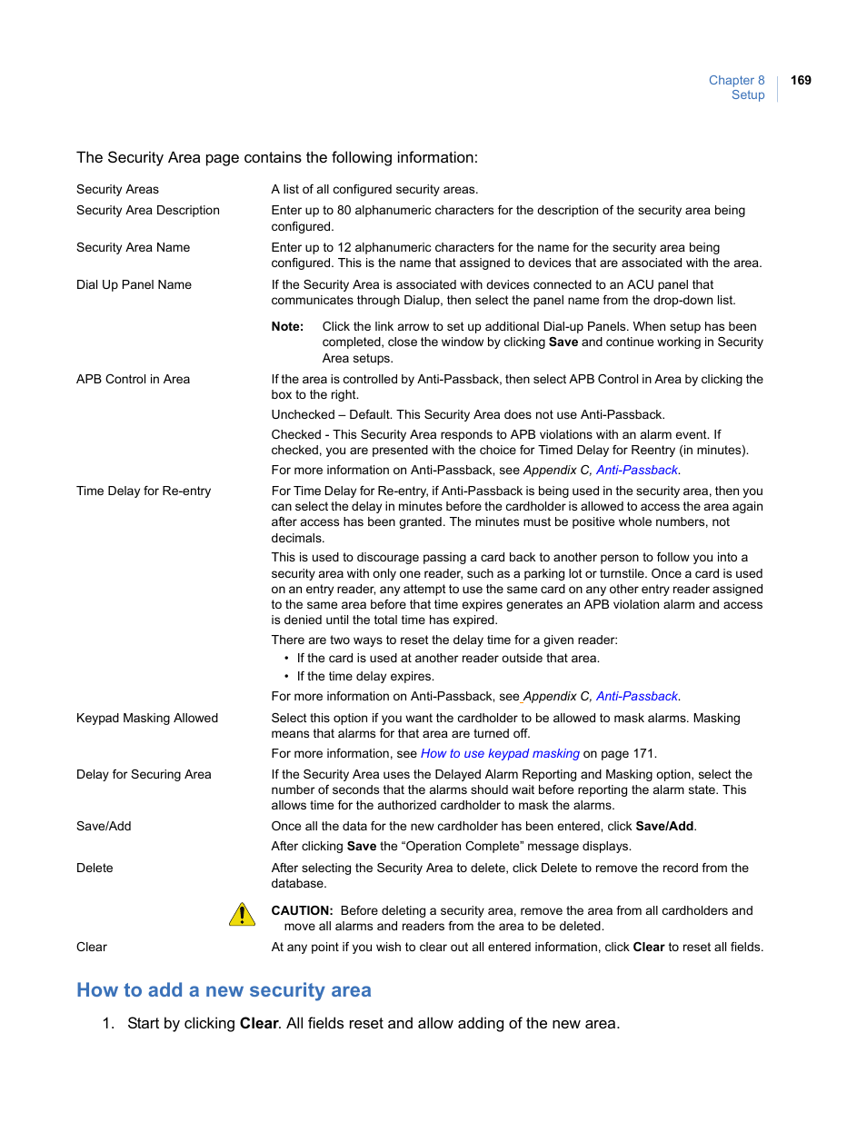 How to add a new security area | Interlogix Topaz User Manual User Manual | Page 187 / 420