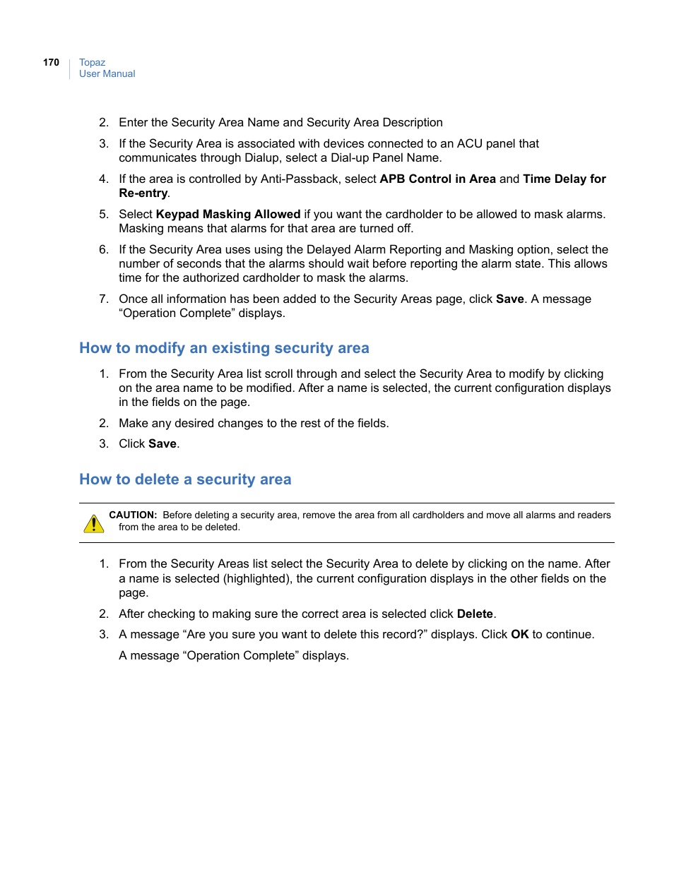 How to modify an existing security area, How to delete a security area | Interlogix Topaz User Manual User Manual | Page 188 / 420