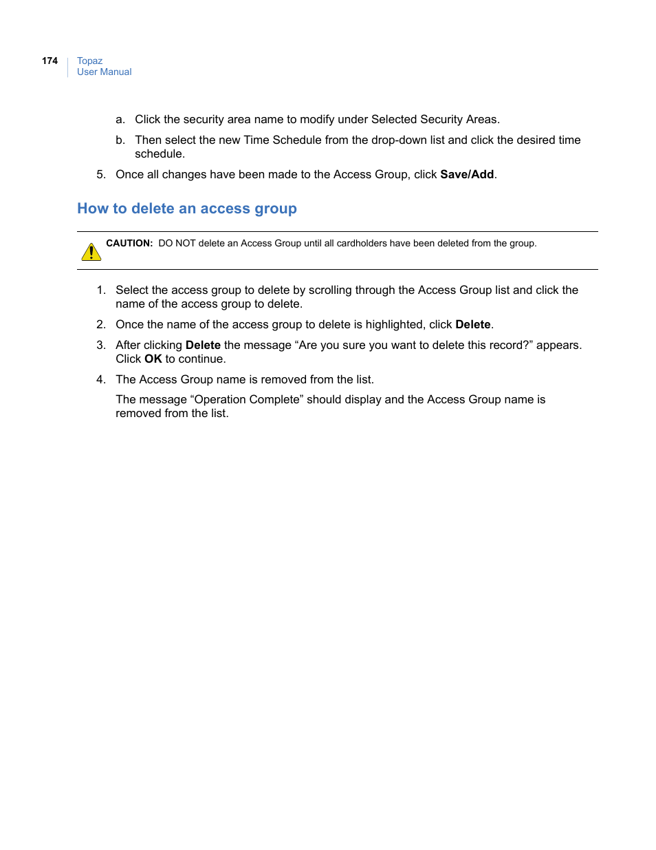 How to delete an access group | Interlogix Topaz User Manual User Manual | Page 192 / 420