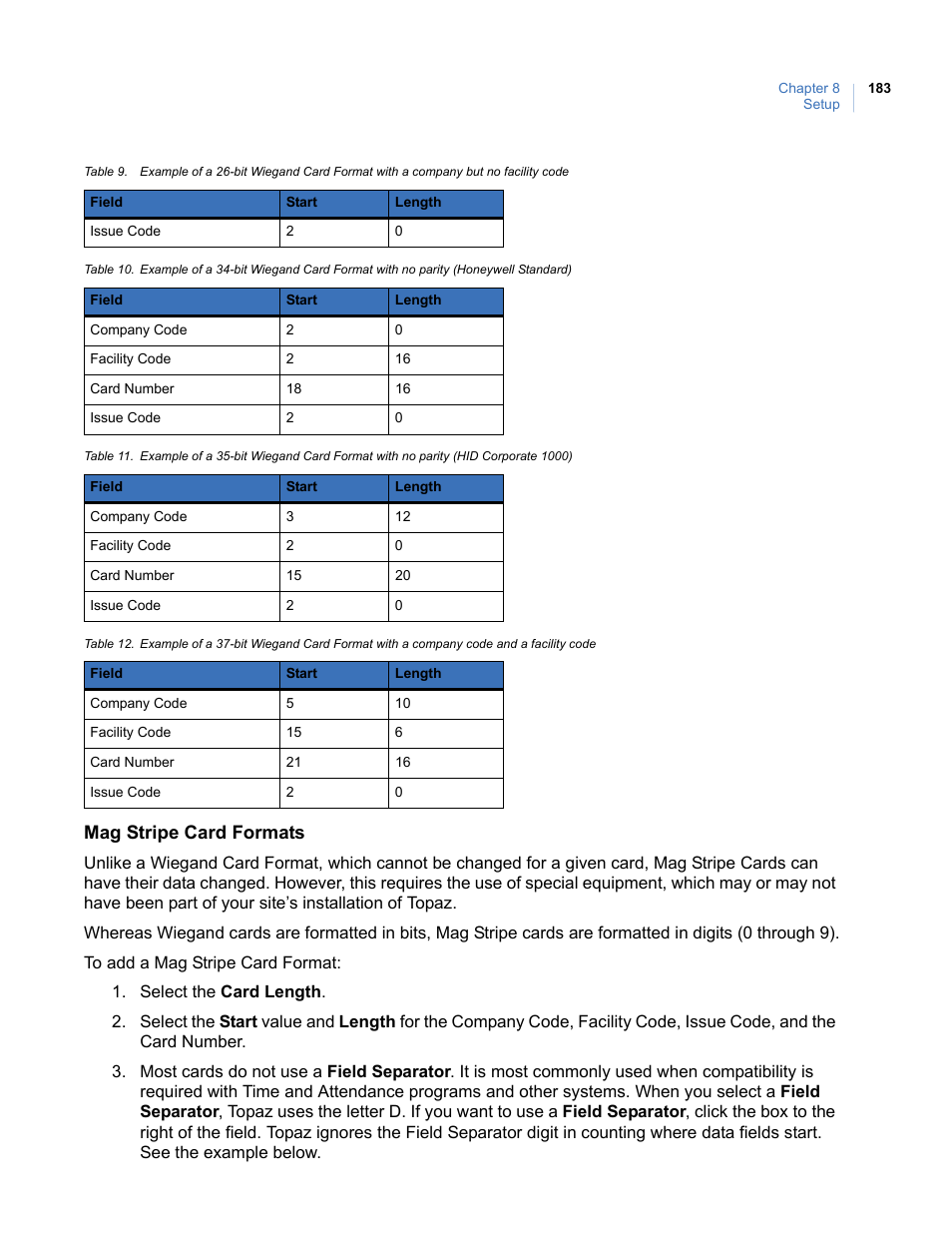 Mag stripe card formats | Interlogix Topaz User Manual User Manual | Page 201 / 420
