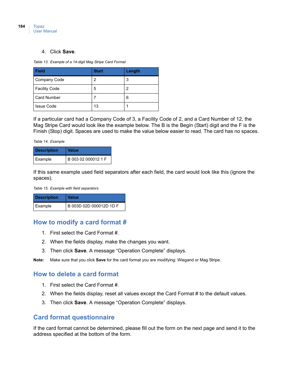 How to modify a card format, How to delete a card format, Card format questionnaire | Interlogix Topaz User Manual User Manual | Page 202 / 420