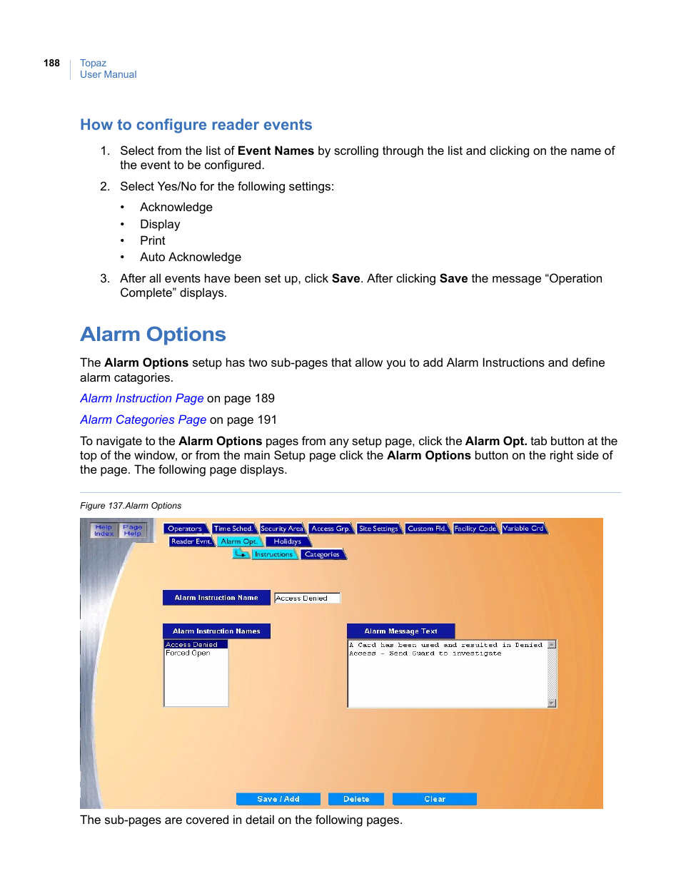 How to configure reader events, Alarm options, Figure 137.alarm options | Interlogix Topaz User Manual User Manual | Page 206 / 420