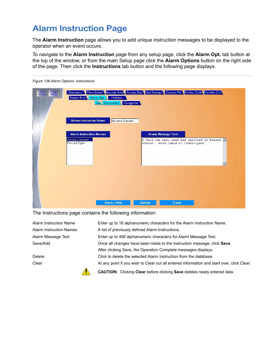Figure 138.alarm options: instructions, Alarm instruction page | Interlogix Topaz User Manual User Manual | Page 207 / 420