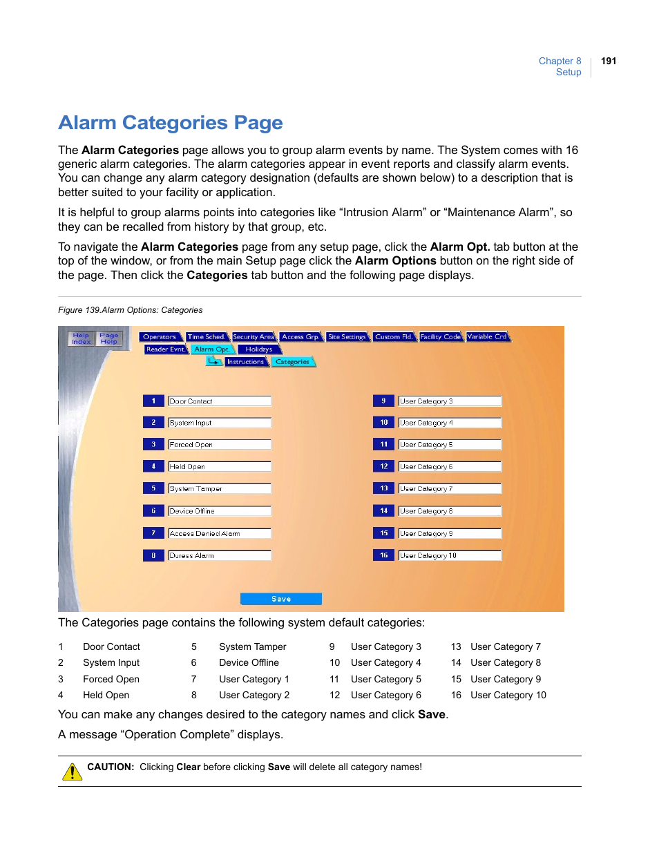 Figure 139.alarm options: categories, Alarm categories page | Interlogix Topaz User Manual User Manual | Page 209 / 420