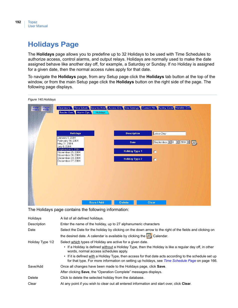 Figure 140.holidays, Holidays page | Interlogix Topaz User Manual User Manual | Page 210 / 420